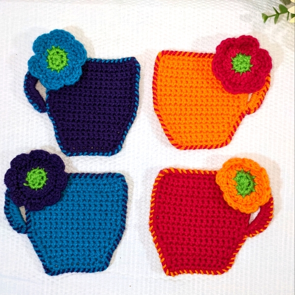 ☕ Coffee Cup Coasters Flower Crochet Set of 4 HANDCRAFTED GIFT! - Picture 2 of 12